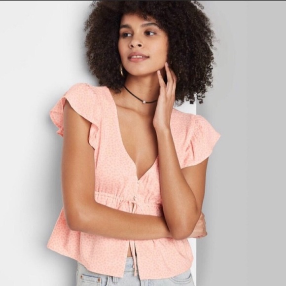 Wild Fable pink flutter sleeve open front crop blouse - Picture 2 of 13